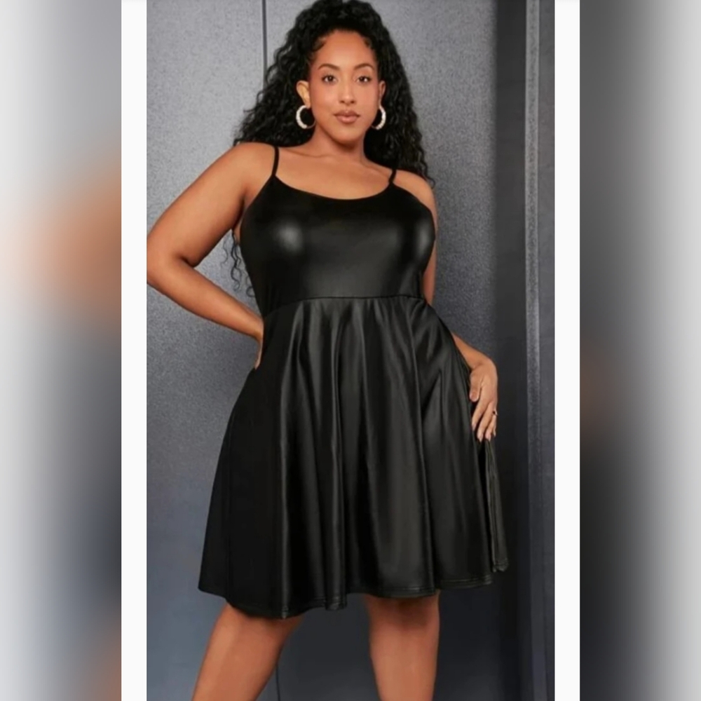 SHEIN Fit+ Black Faux Leather Skater Dress Size 28/30